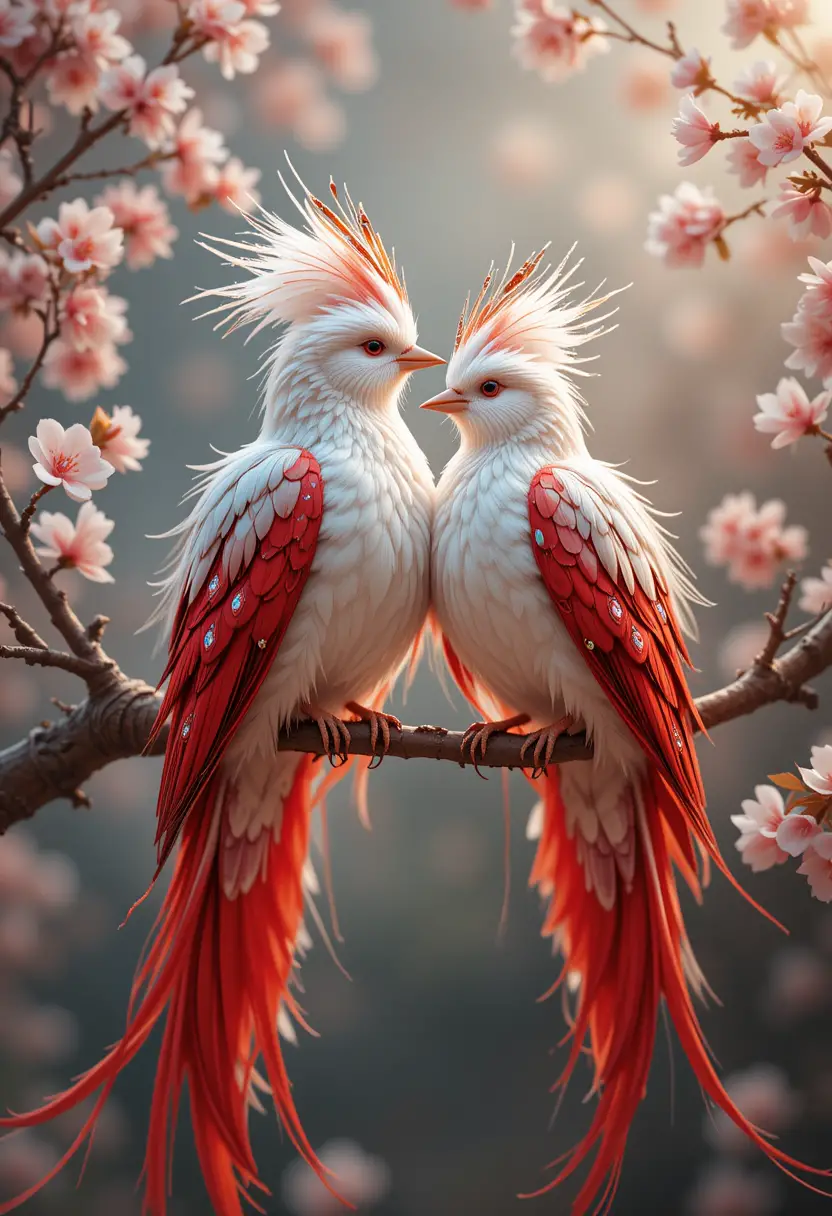 Fantasy birds on a blossoming branch in soft romantic light