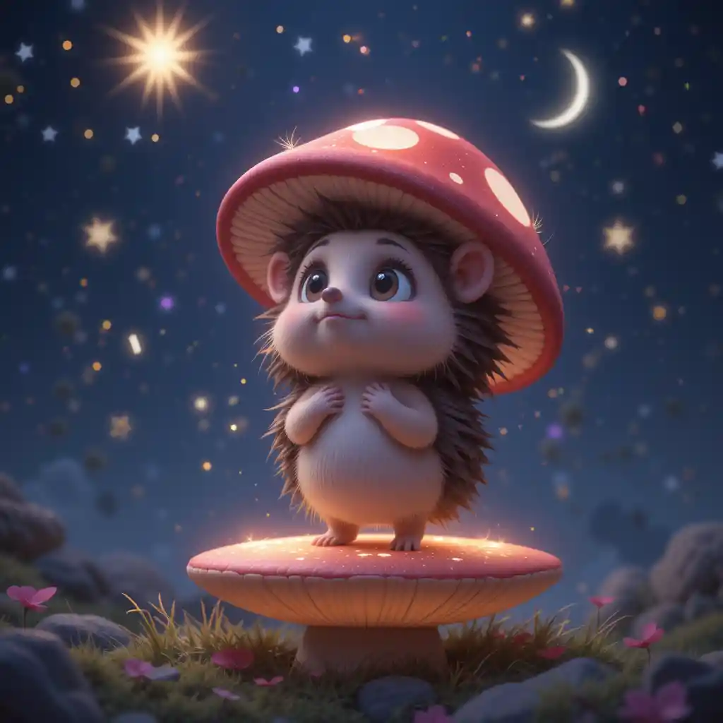 Cartoon hedgehog on glowing mushroom under starry night sky