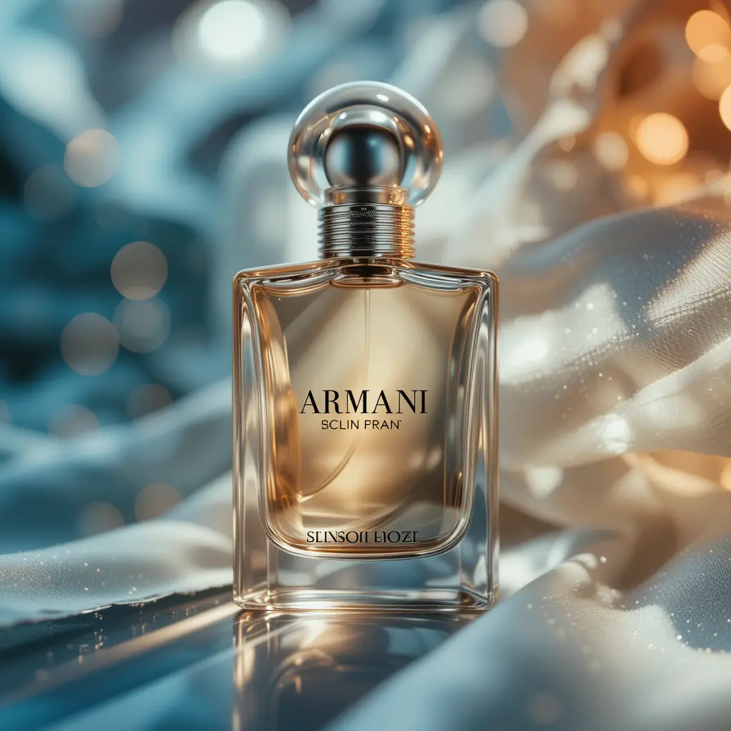 Elegant armani perfume close up in soft studio light