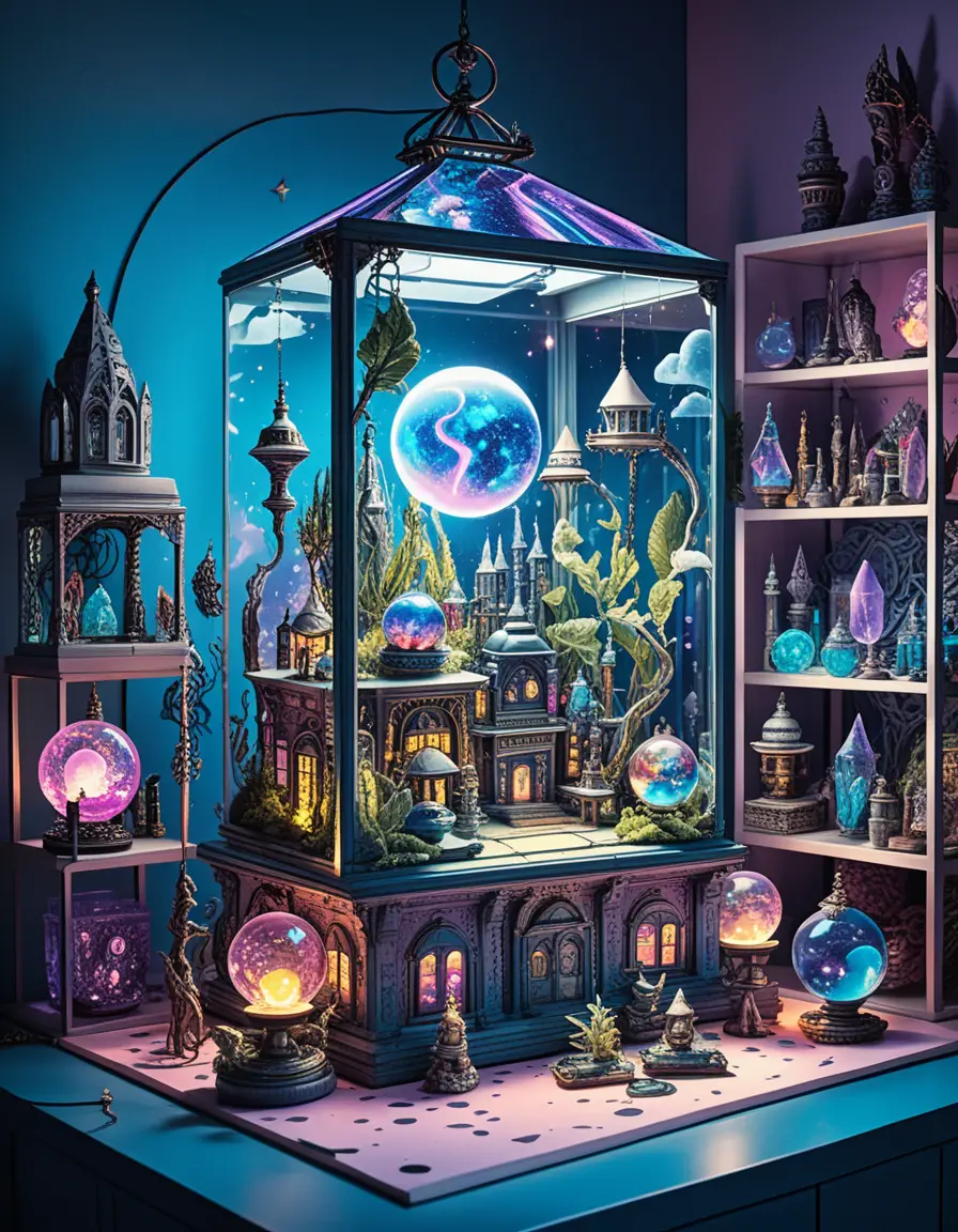 Enchanted witches crafting potions in a mystical neon emporium