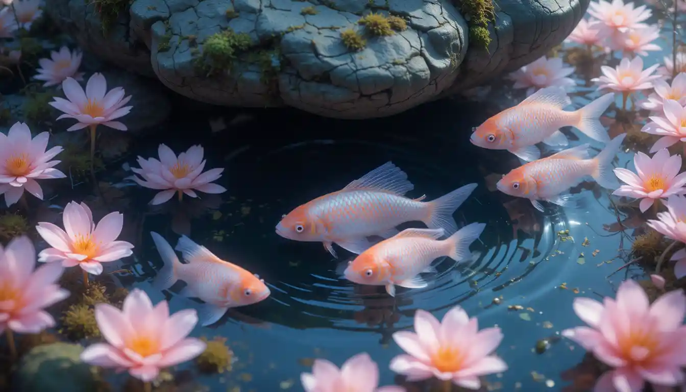 Fantasy Fish Floating Among Blooming Underwater Flowers
