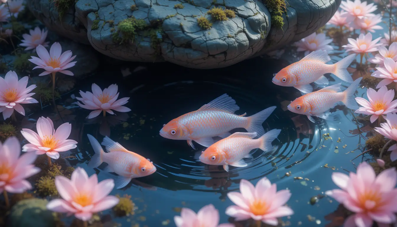 Fantasy Fish Floating Among Blooming Underwater Flowers