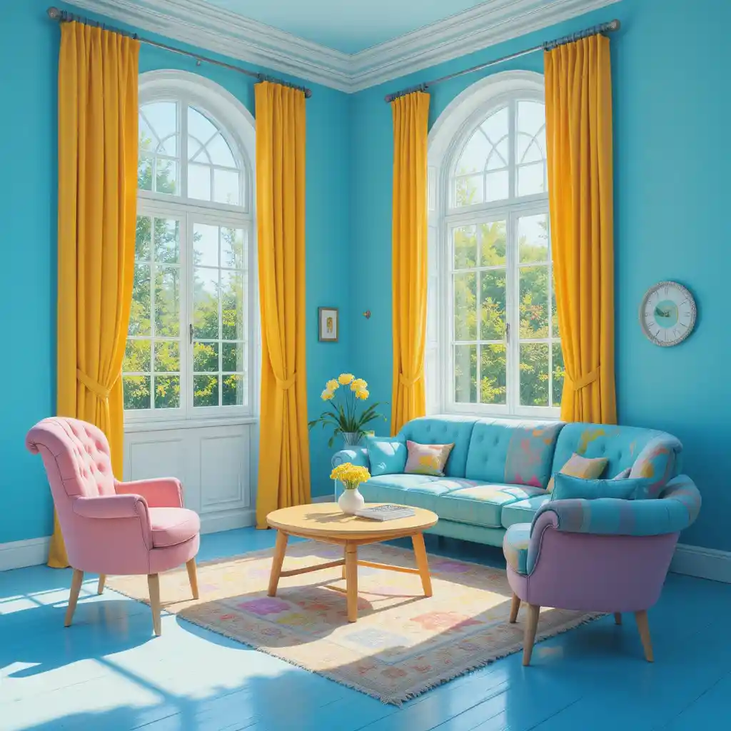 Colorful painting of a sunny light blue interior room
