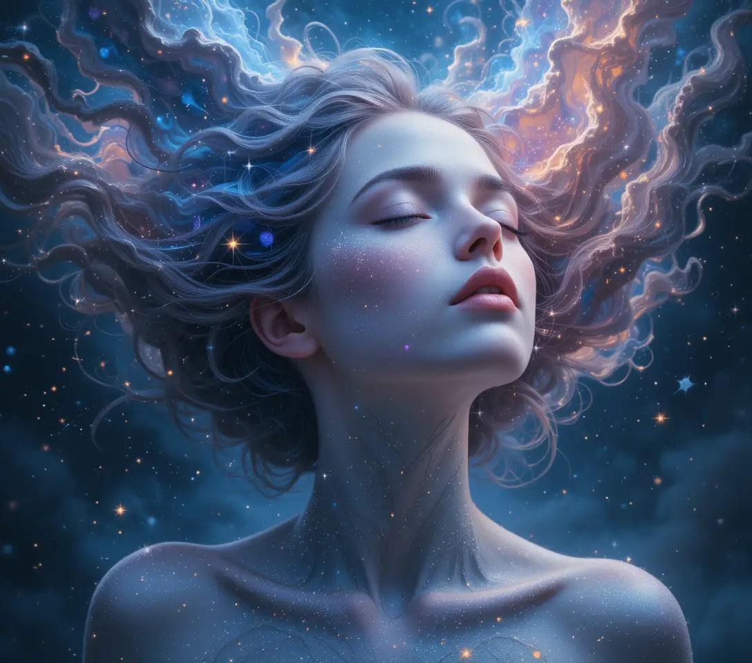 Ethereal woman with nebula hair in serene cosmic portrait