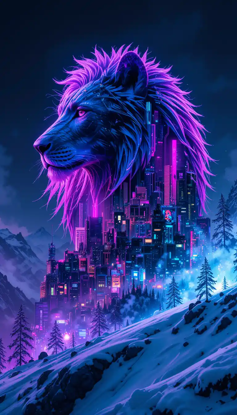 Geometric lion silhouette with neon cyberpunk city