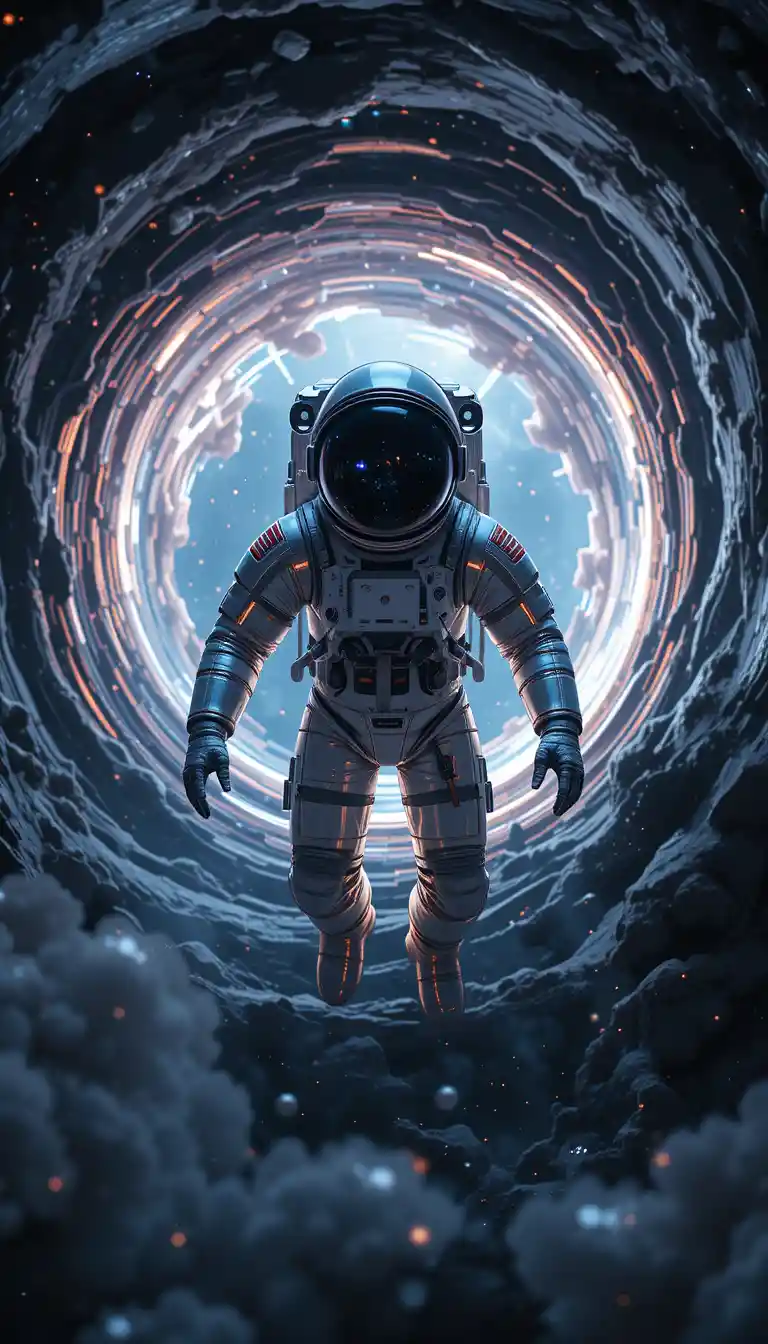 Astronauta solitario che fluttua vicino a un wormhole cosmico nello spazio