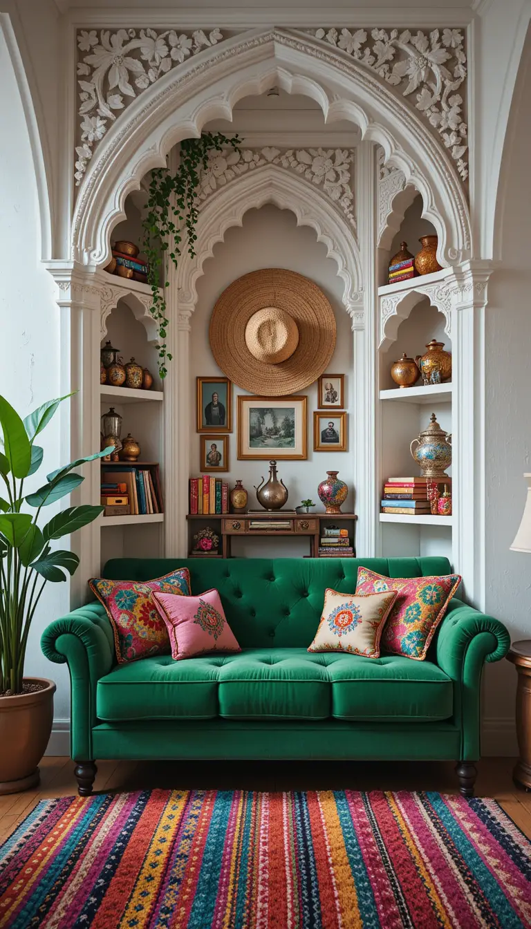 Traditional middle eastern teapots displayed in carved white alcoves