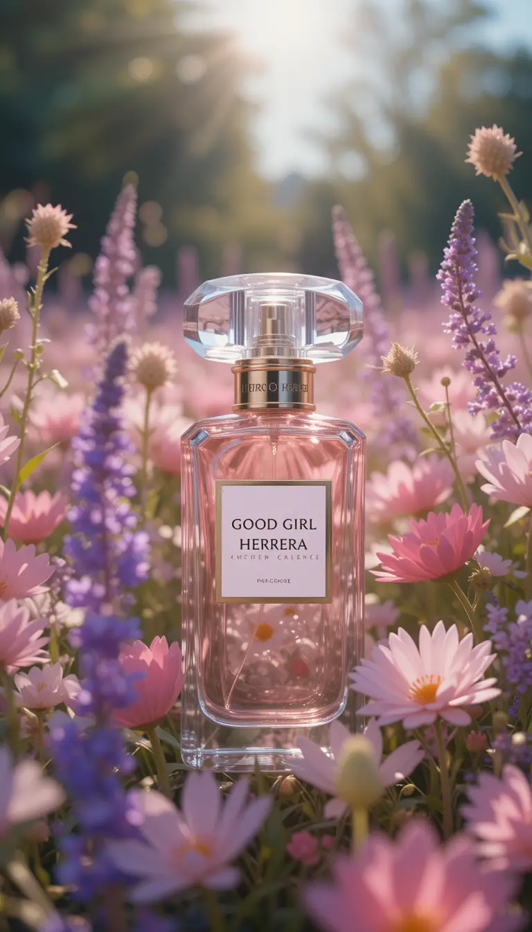 Perfume bottle in a dreamy meadow commercial close up