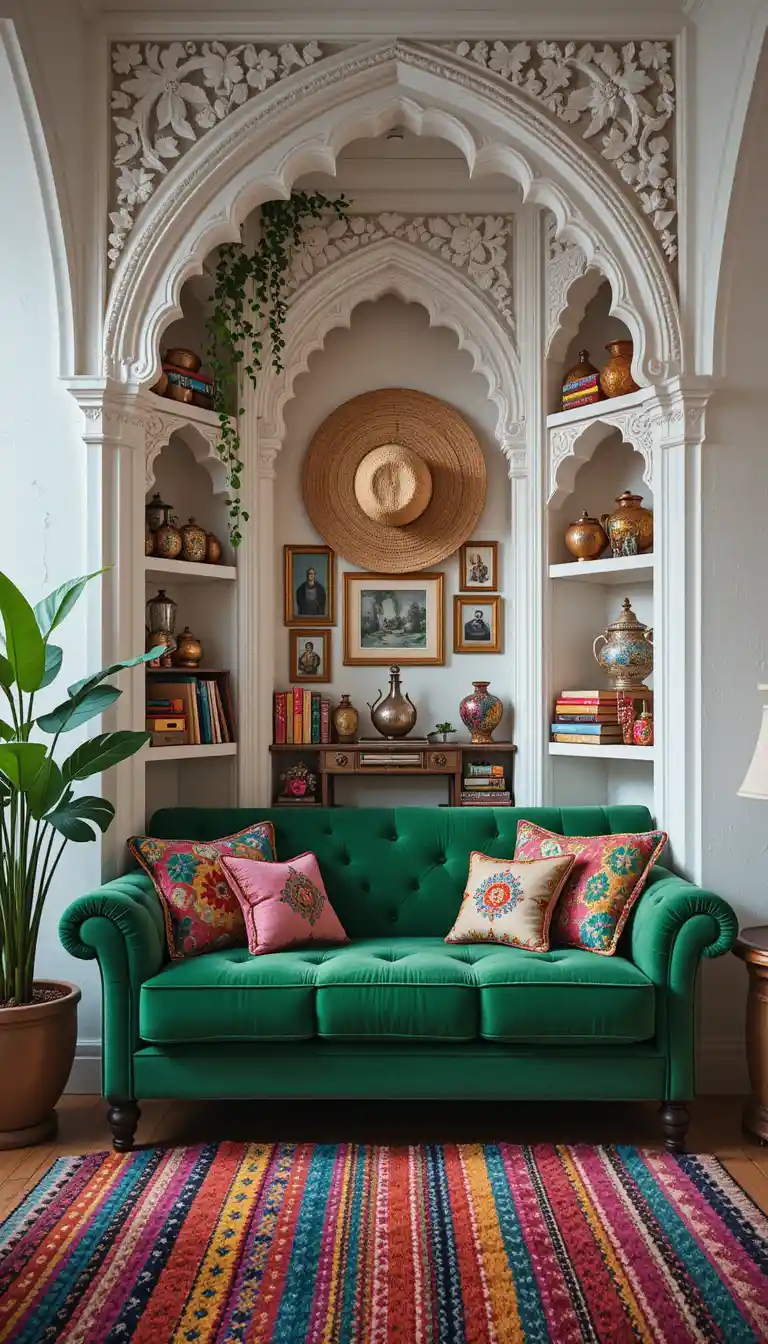 Traditional middle eastern teapots displayed in carved white alcoves