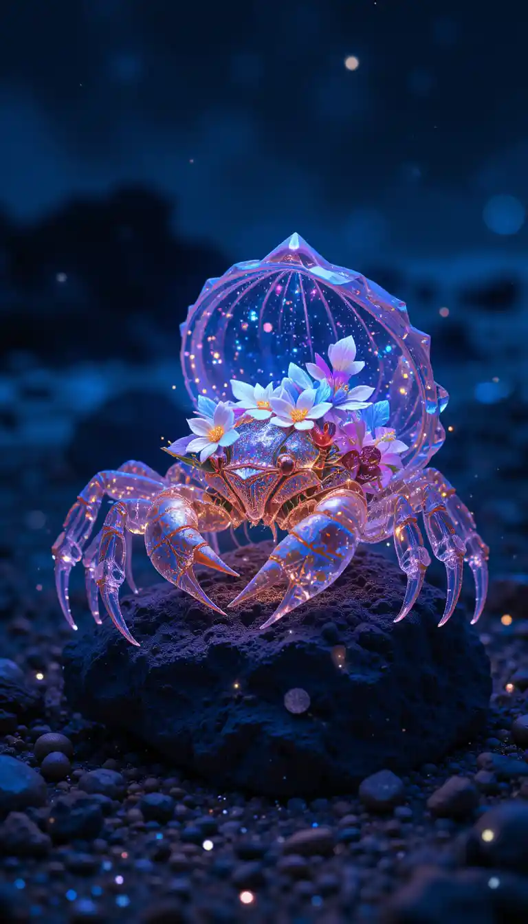 Glowing Crystal Hermit Crab Shell On A Night Beach Rock