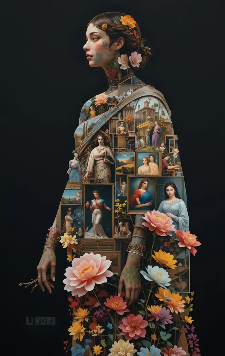 Transparent woman silhouette filled with Michelangelo style paintings