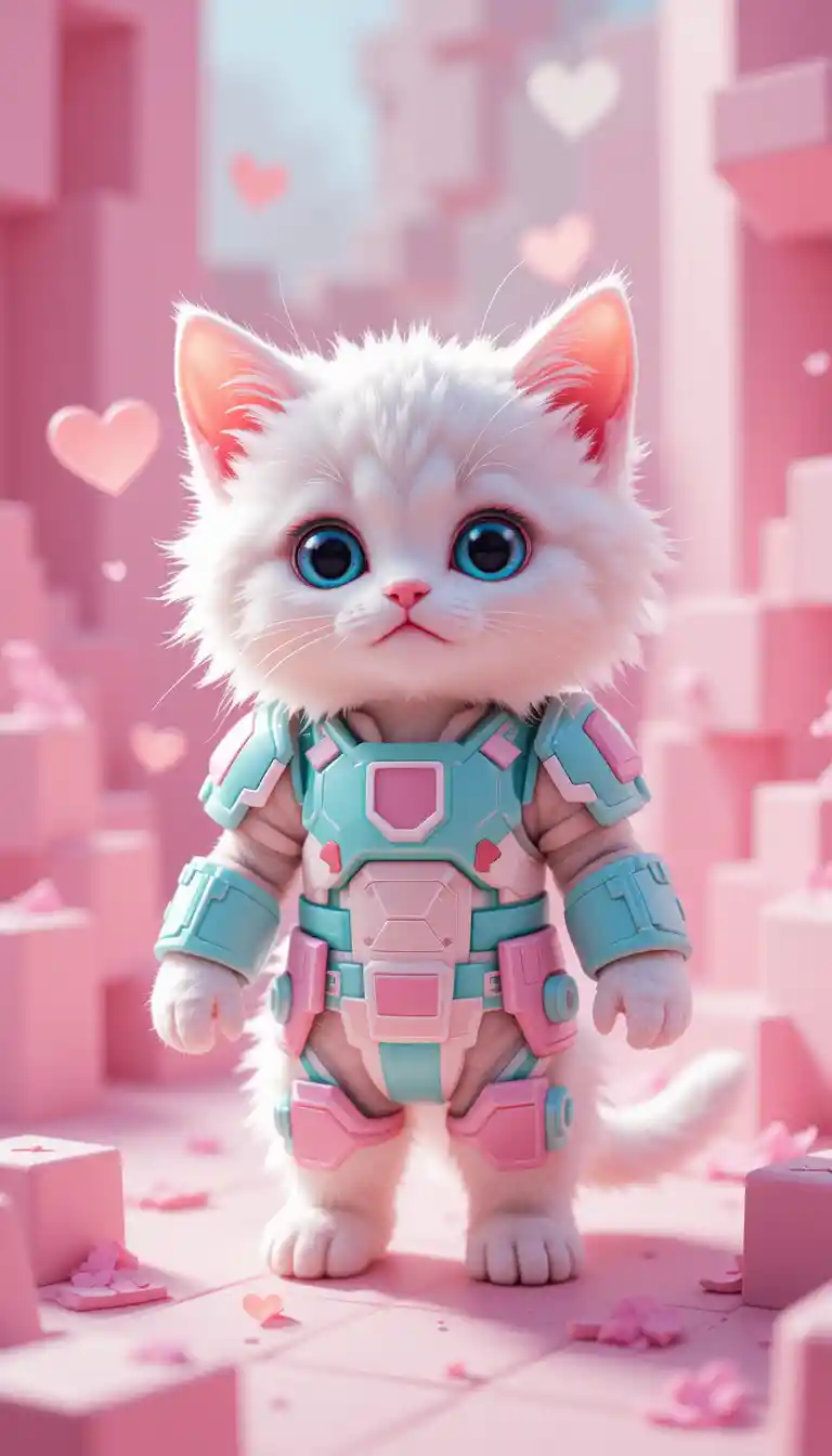 Cute pixel art kitten in pastel voxel fantasy armor