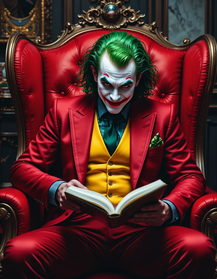 Stylish clown reading in a red armchair at night