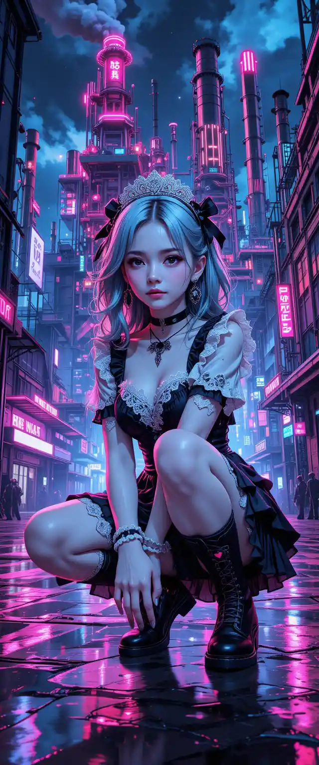 Neon anime girl crouching on reflective urban street