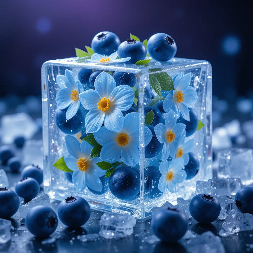 Macro close up of floral ice cube with blueberries