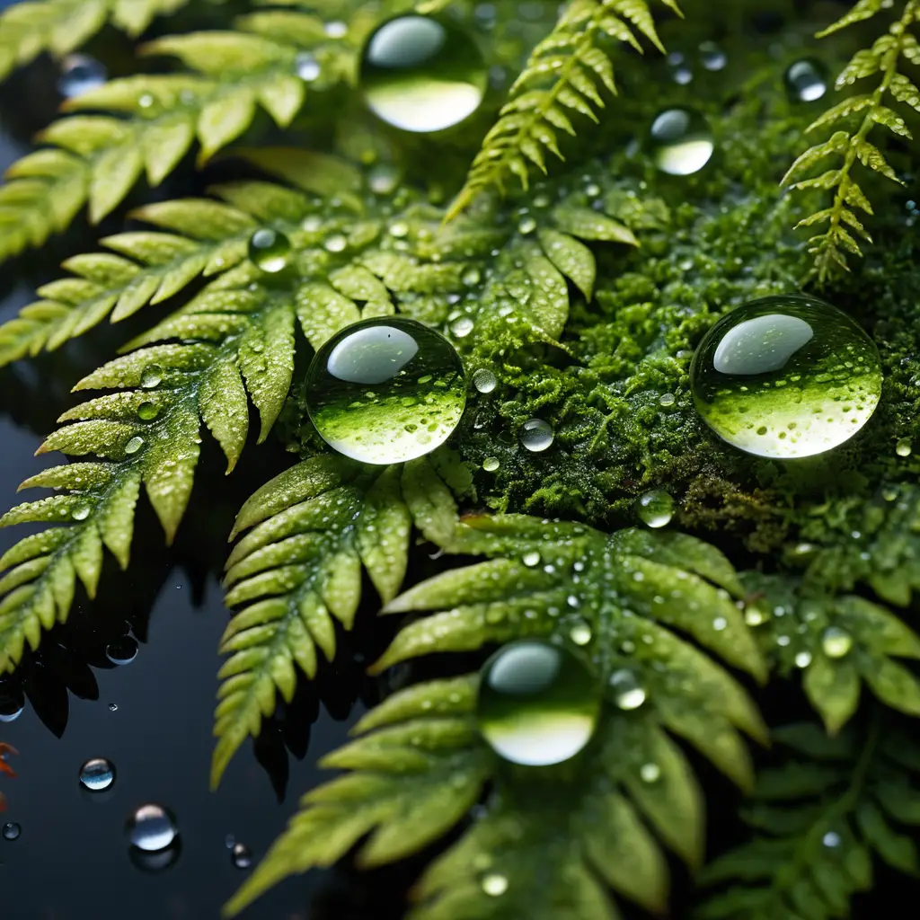 Close up airbrush leaf with reflective water droplets