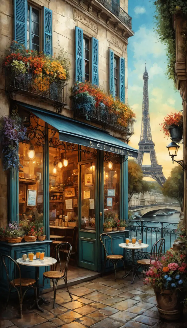 Romantic breakfast in a colorful parisian cafe painting