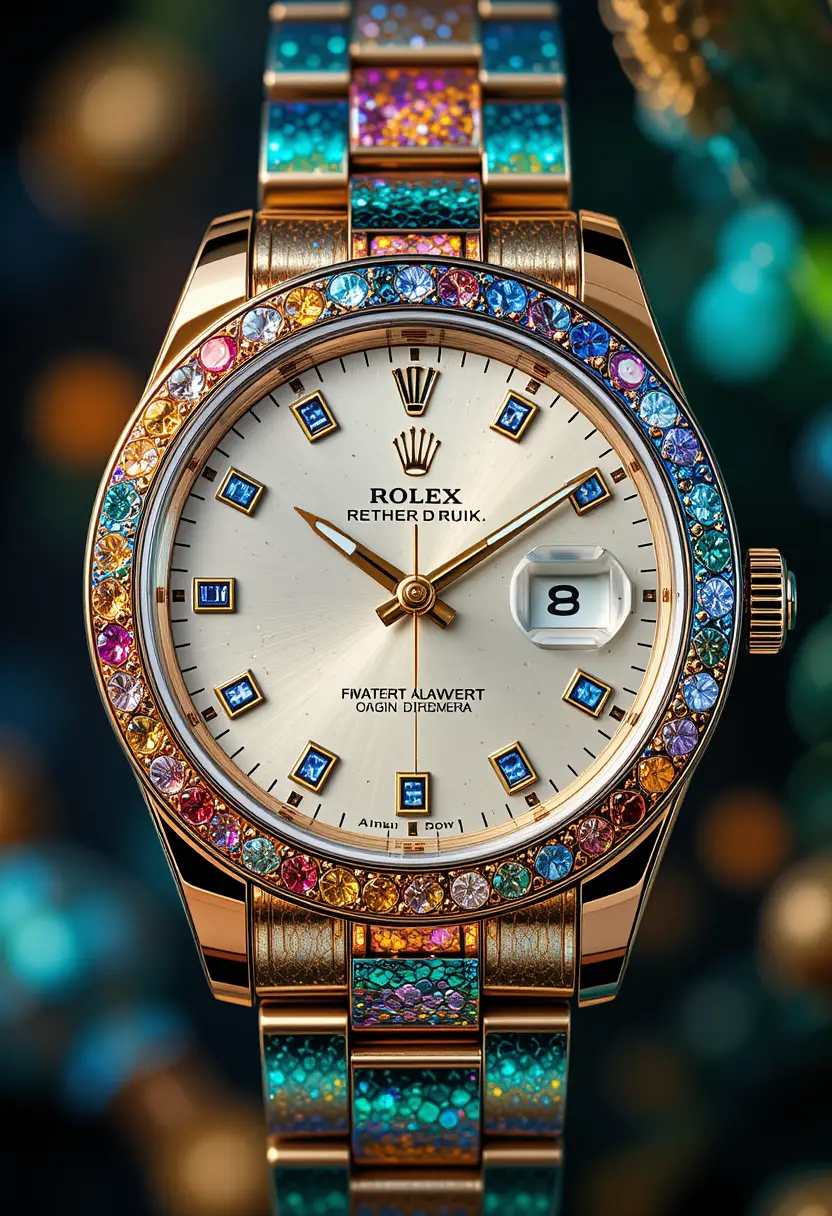 Colorful parrot inspired rolex wristwatch close up focus
