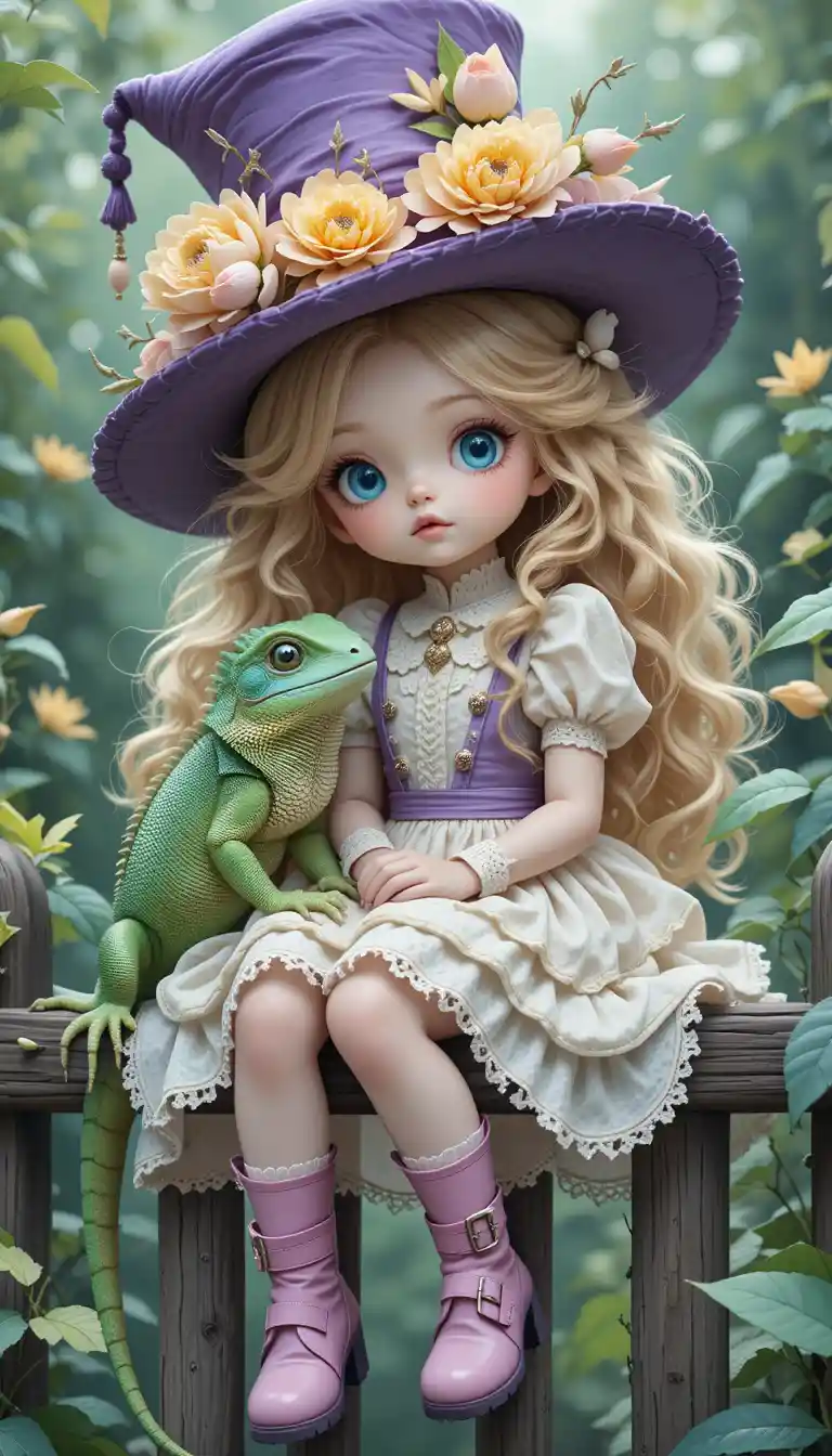Whimsical gothic girl on fence with green iguana