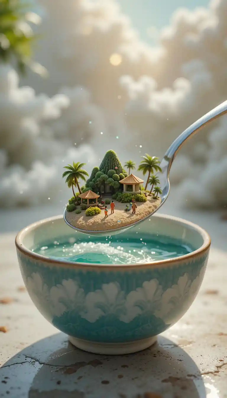 Silver spoon holding a tiny tropical beach in bowl