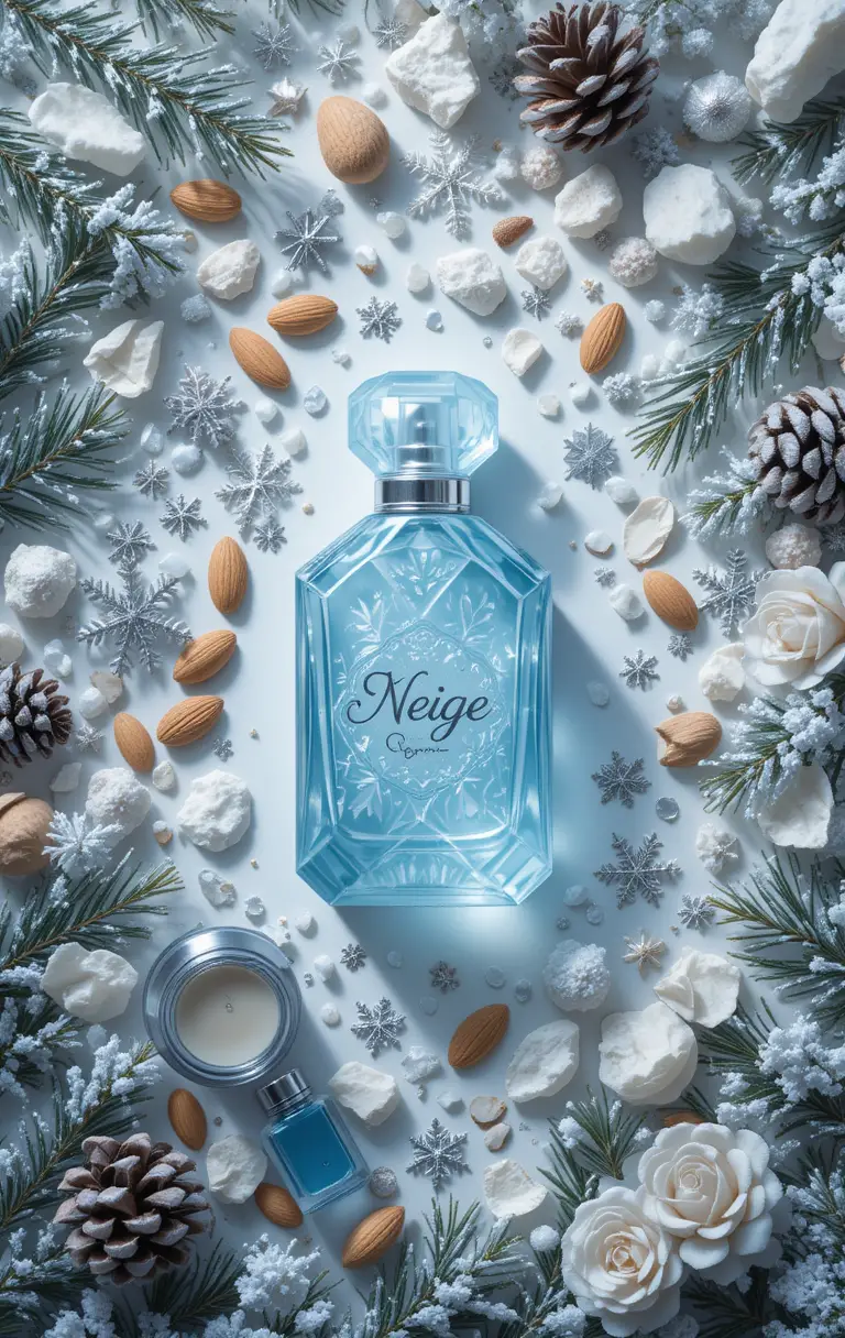 Icy blue perfume bottle with frosted floral flat lay