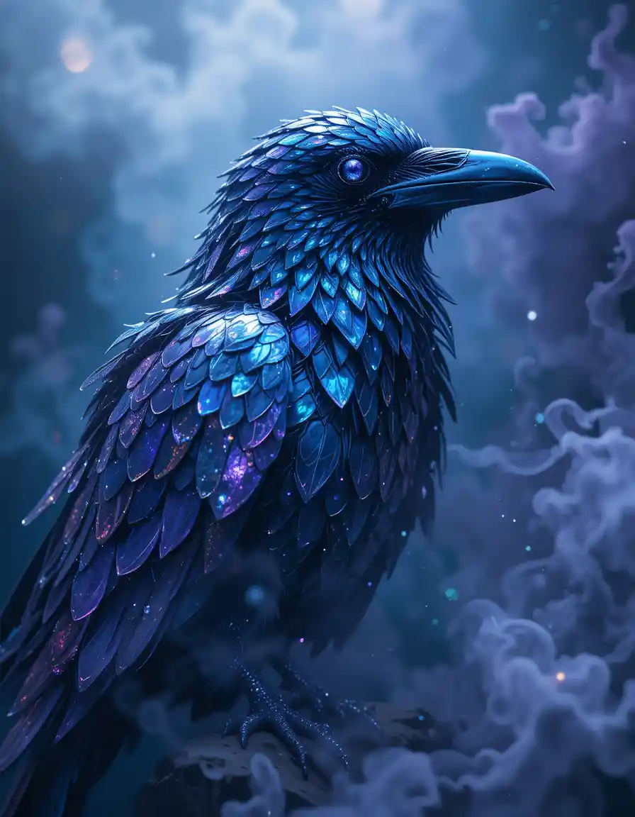 Gem like raven bird glowing in deep ocean waters