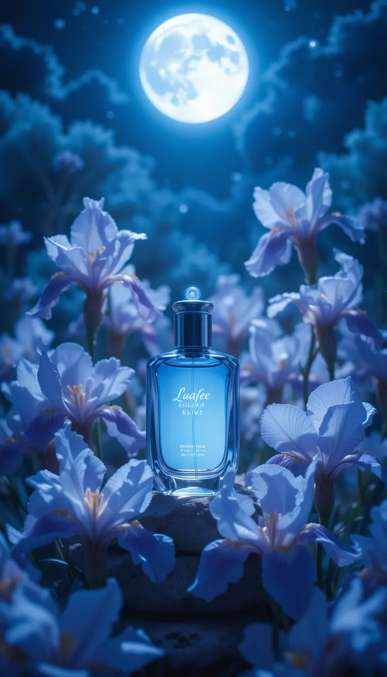 Perfume bottle under blue moonlight with blooming irises