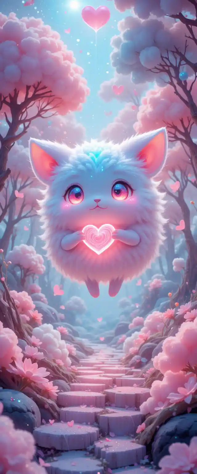 Floating fantasy creature in a glowing candy forest