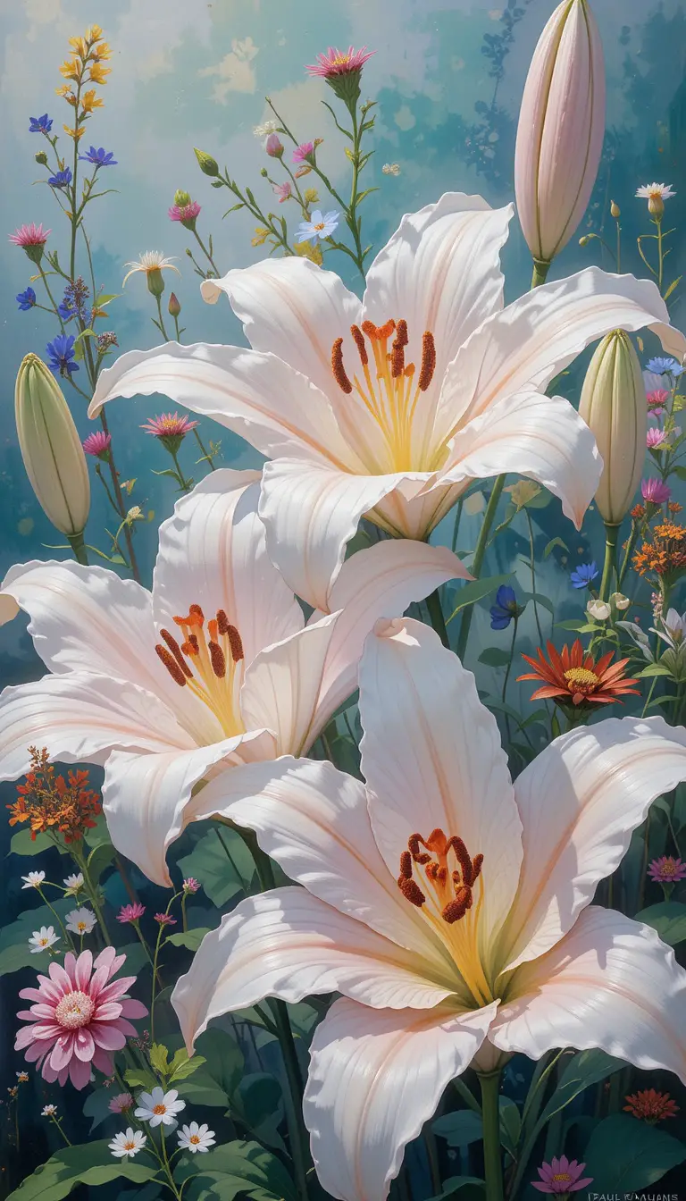 Huge lilies with hazy light and bright floral background