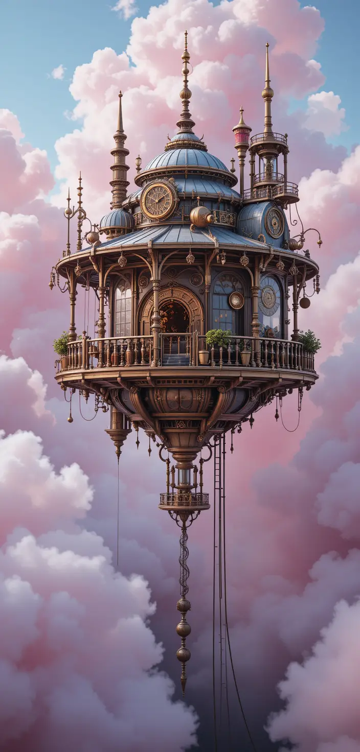 Whimsical floating steampunk cafe in cotton candy clouds