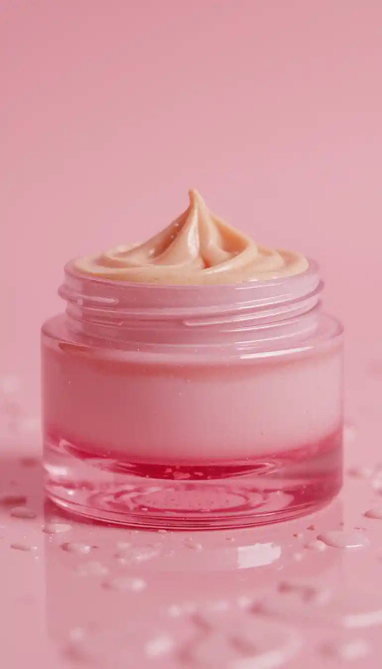 Gros plan macro d’un pot cosmétique rose aux couches crémeuses