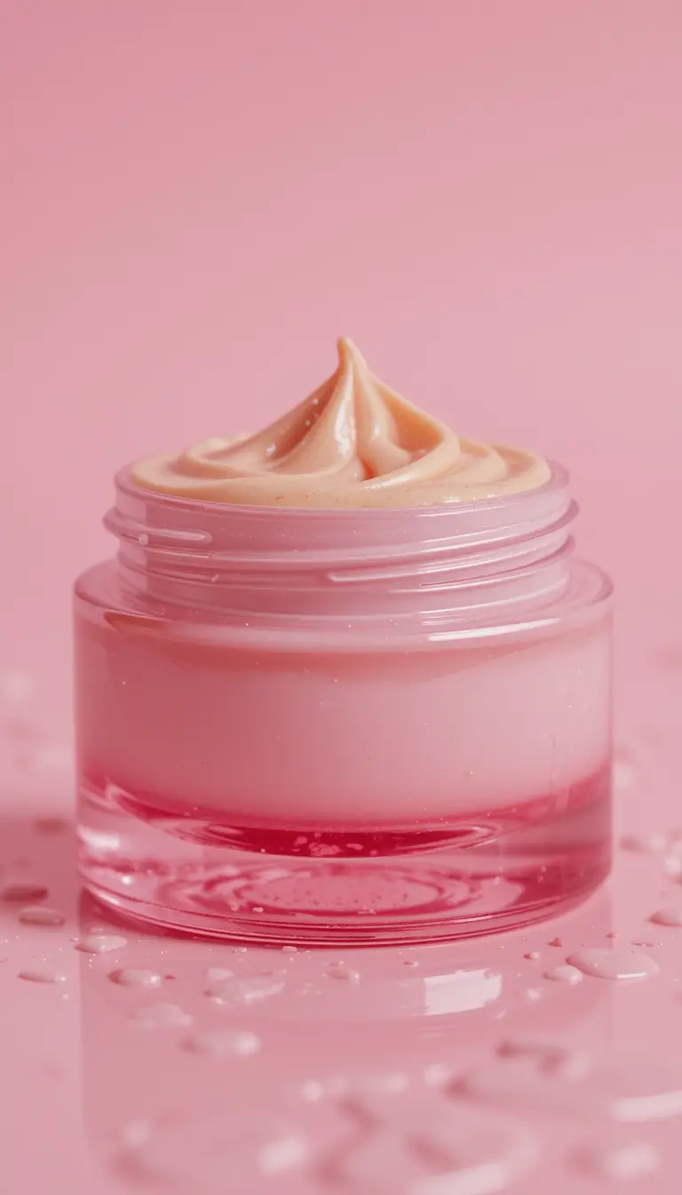 Macro shot of pink cosmetic jar with creamy layers