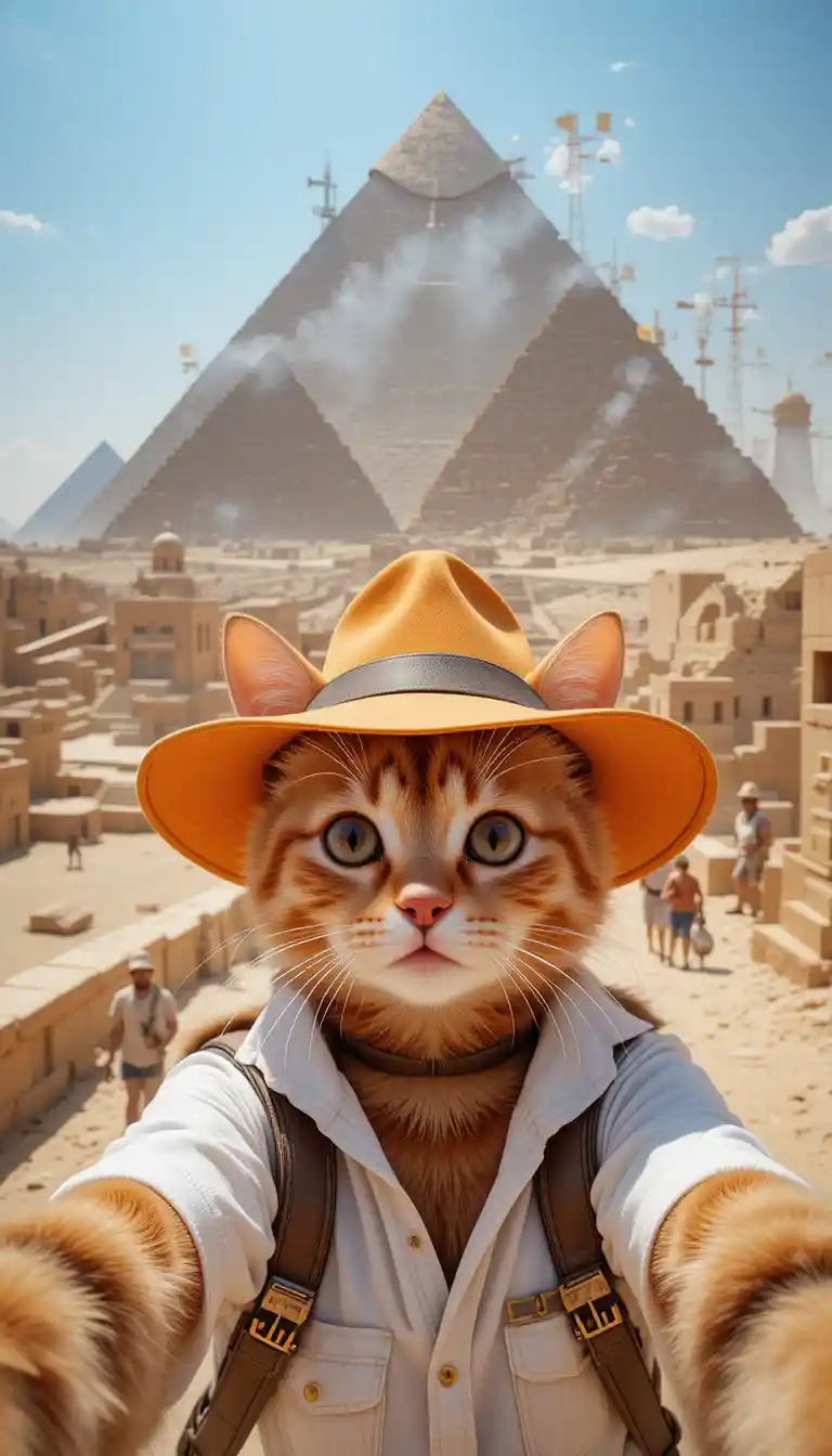 Cute cat taking a selfie by the great pyramid