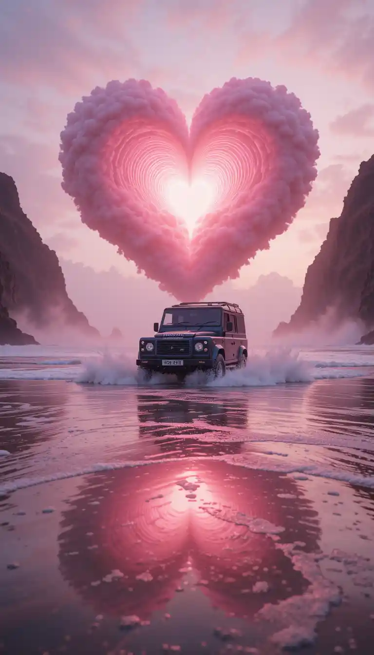 Land Rover defender driving through pink ocean at low tide