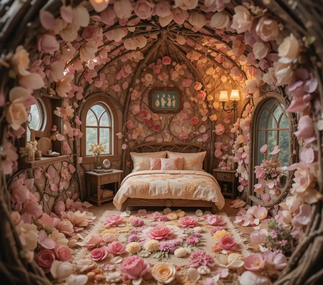 Tiny floral interior with rose petal bed and tulip lamp