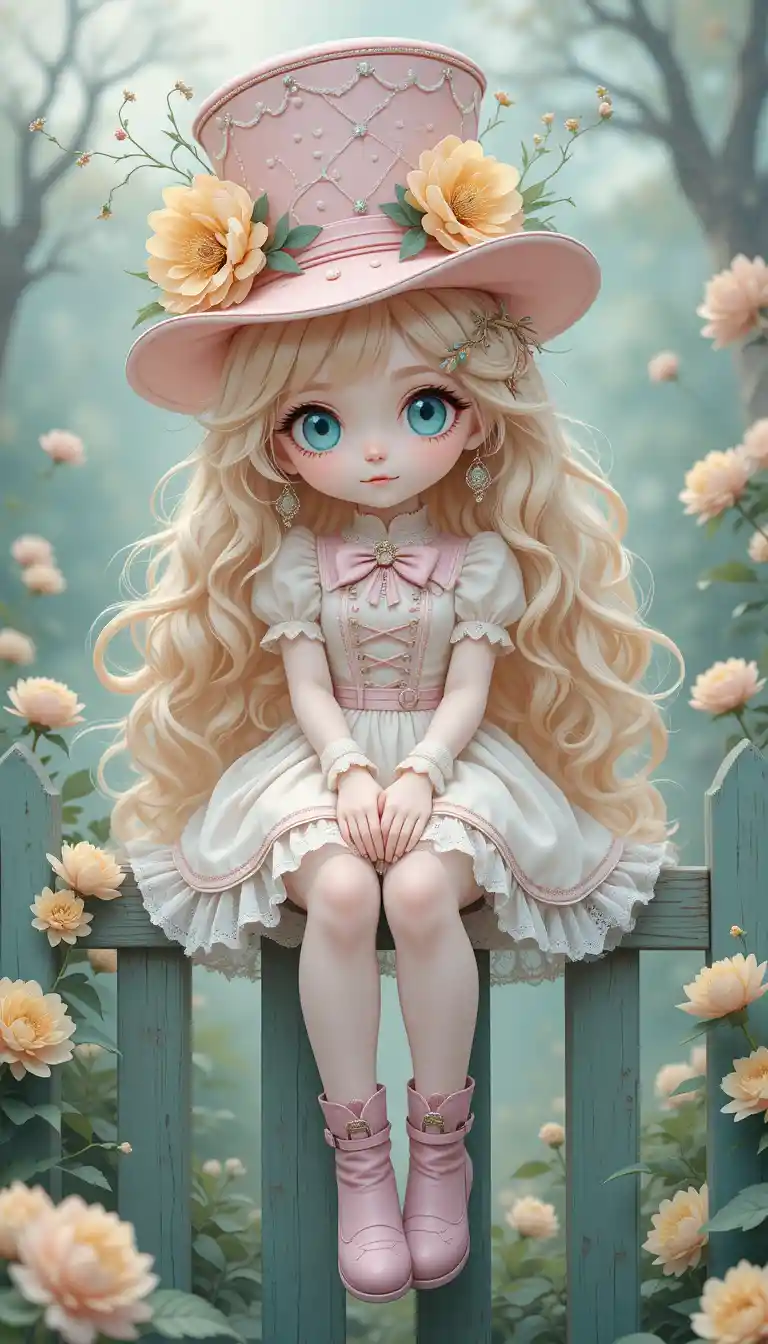 Whimsical blonde girl in pink hat sitting on fence