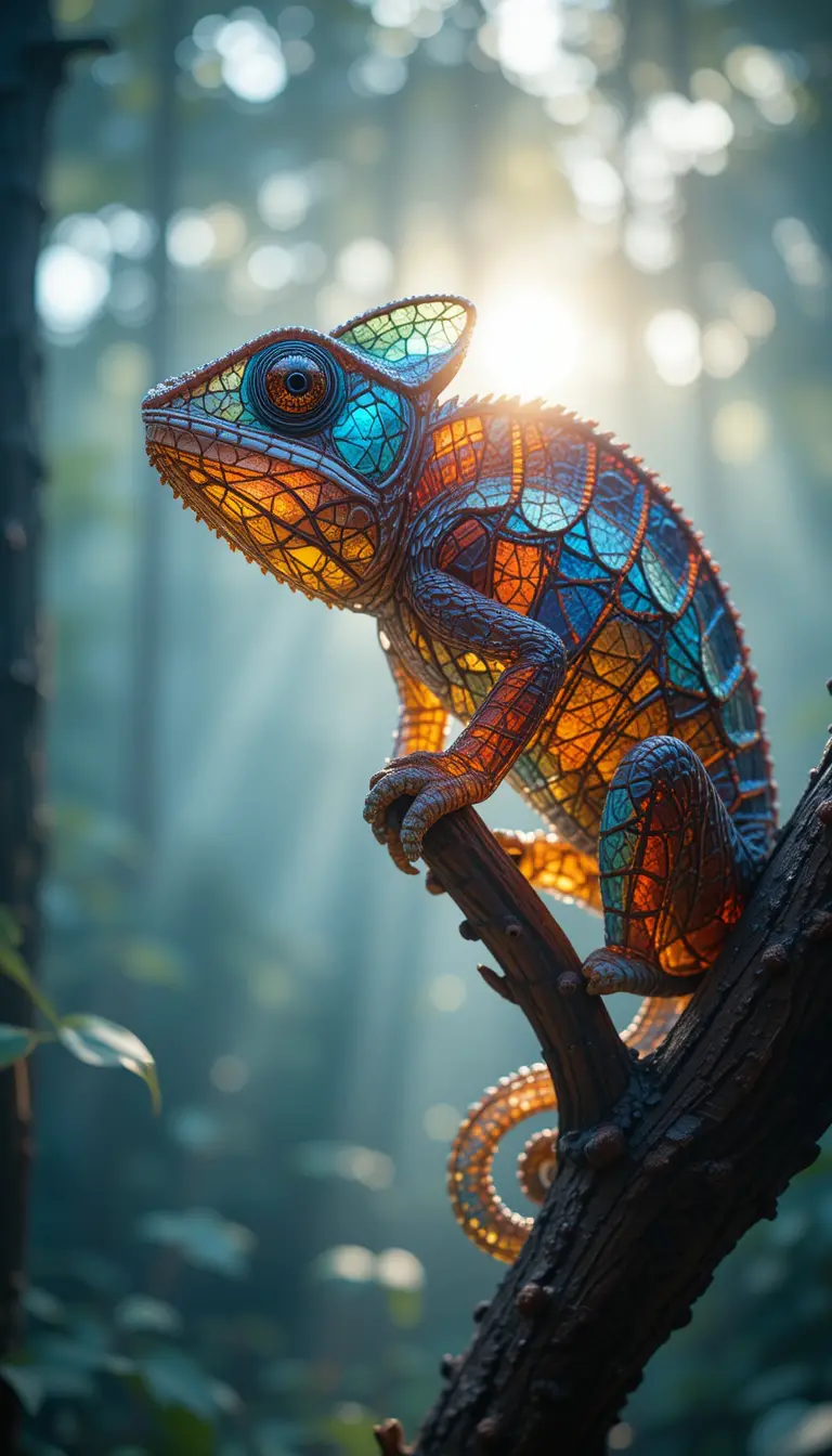 Surreal close up of a glass like chameleon in forest