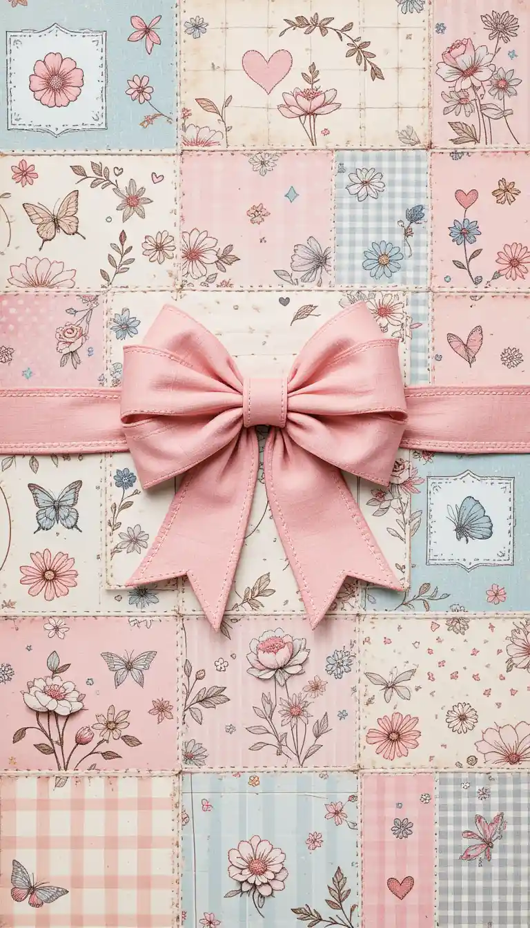Vintage Pastel Patchwork Background With Pink Bow And Florals