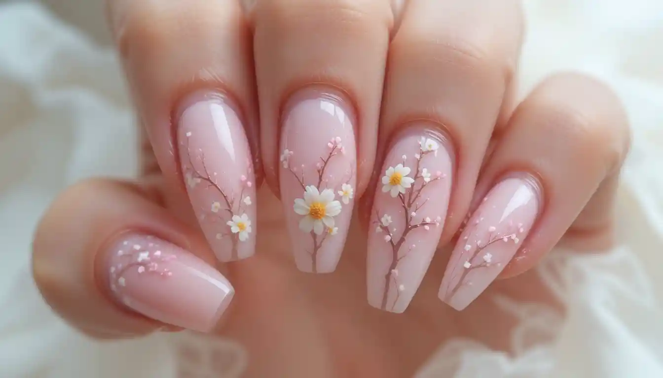 Blush pink coffin nails with floral fine line art