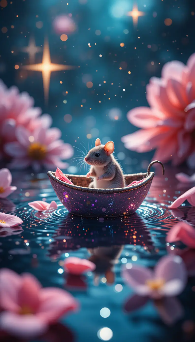 Tiny Mouse Sailing A Thimble Boat On Sparkling Water
