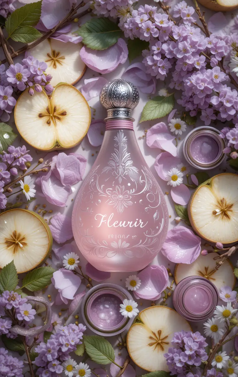 Perfume Bottle Flat Lay With Flowers And Fruit Details