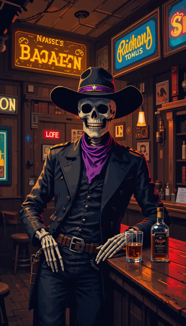 Pixel art skeleton cowboy at the bar in a saloon