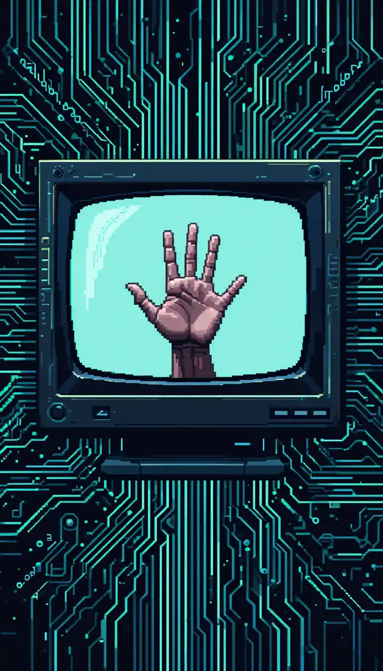 Pixel art hand emerging from glowing retro computer monitor