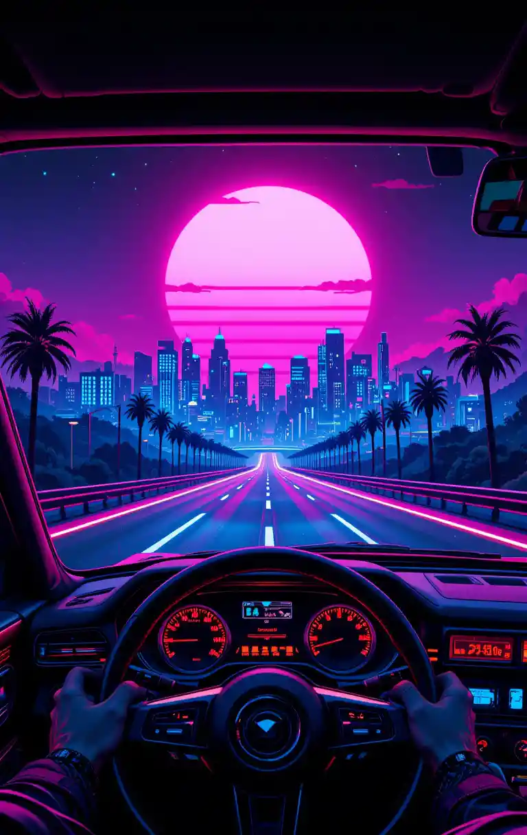 Pixel art view from retro car on neon city highway