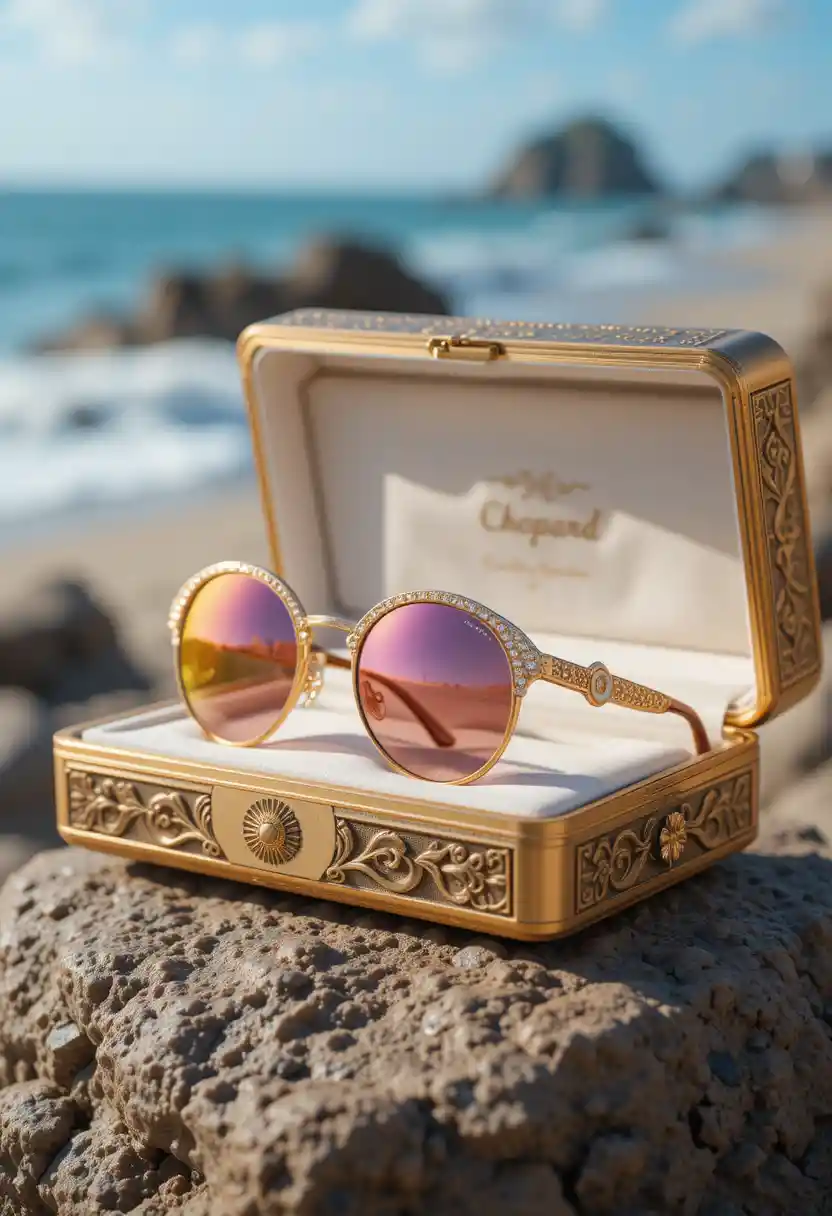 Luxury gold sunglasses in an open box on beach rock