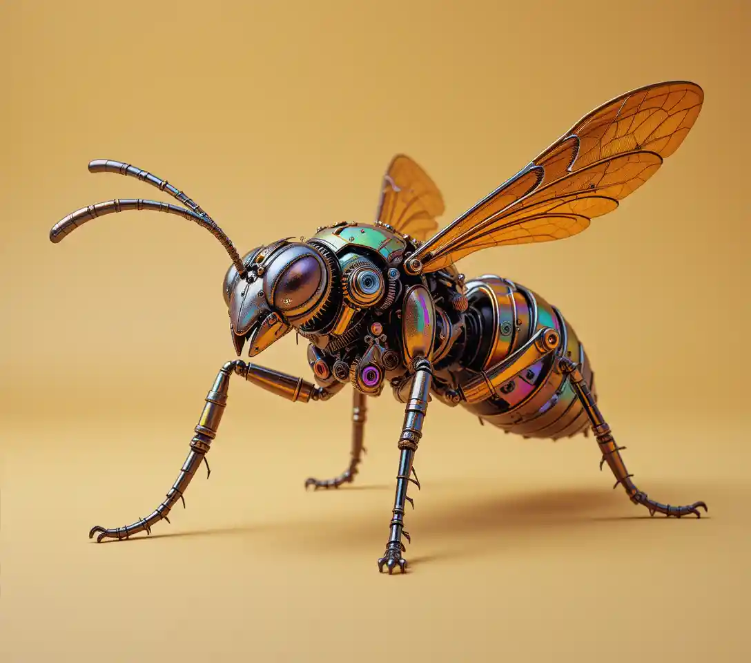 Mechanical 3D Wasp With Iridescent Metallic Exoskeleton