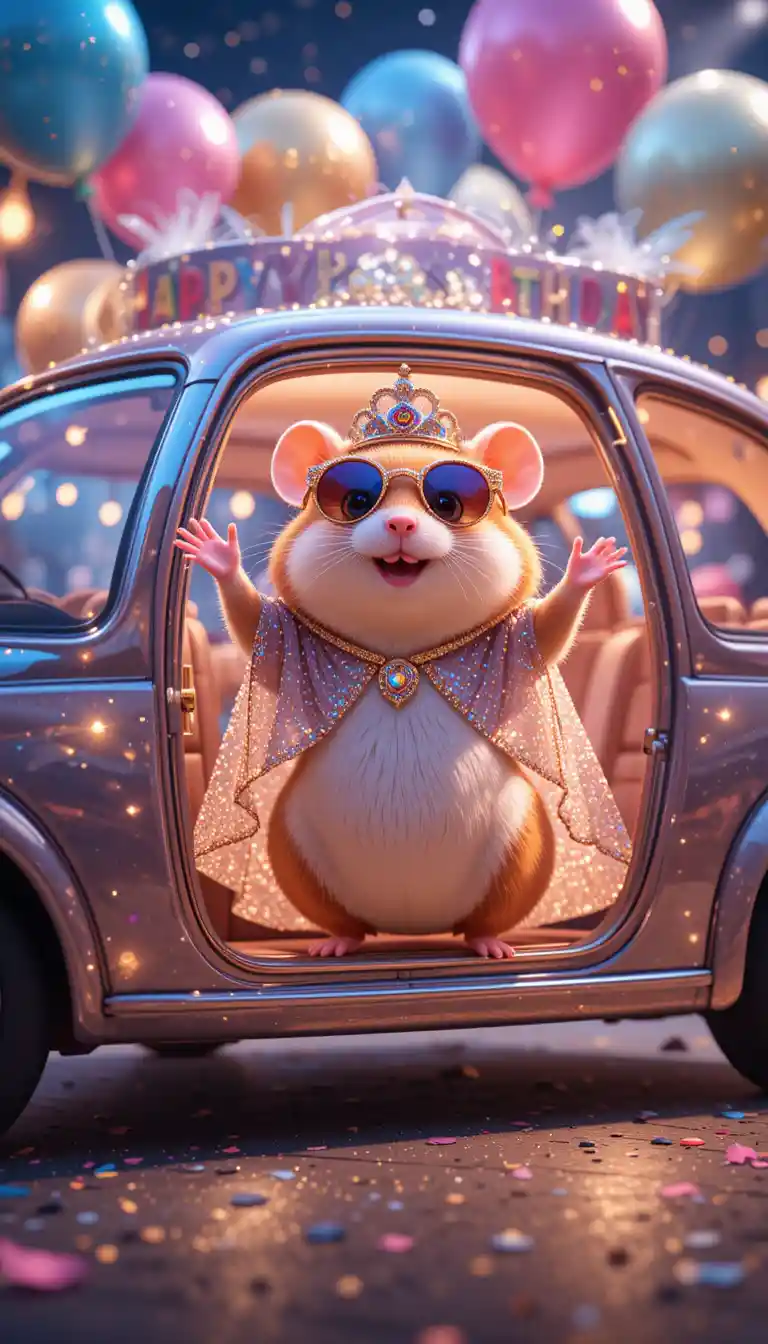 Cartoon hamster star arriving in a glowing party limousine