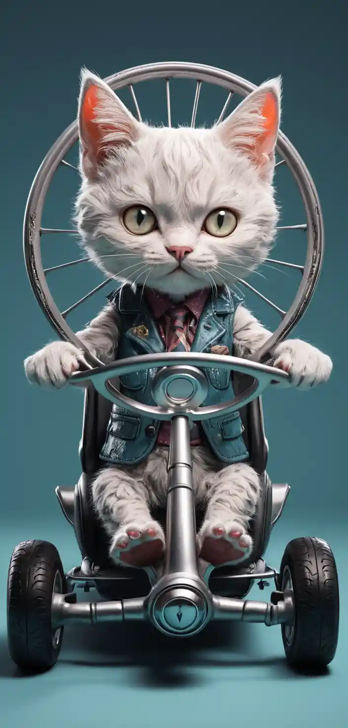 Full body digital illustration of an intense aluminum cat