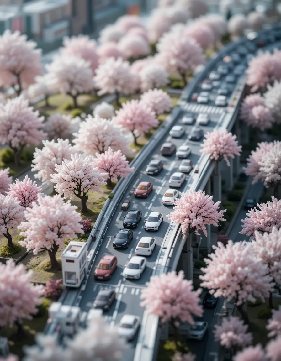 微縮城市天橋與眾多汽車的特寫視角