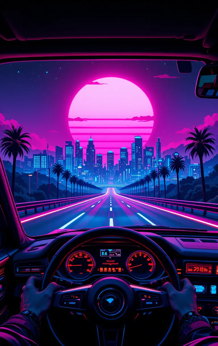 Pixel art view from retro car on neon city highway
